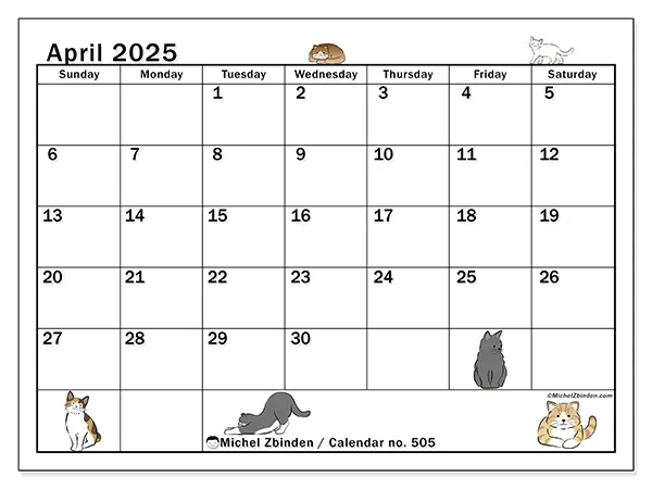 Free printable calendar no. 505 for April 2025. Week: Sunday to Saturday.