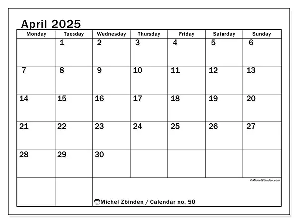Free printable calendar no. 50 for April 2025. Week: Monday to Sunday.