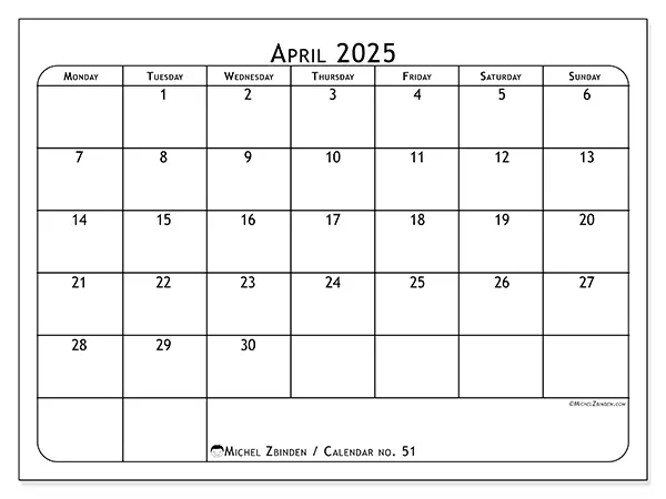 Free printable calendar no. 51, April 2025. Week:  Monday to Sunday