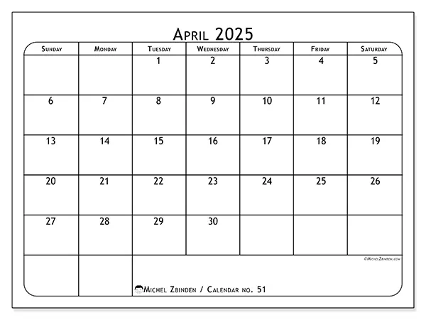 Printable calendar no. 51 for April 2025. Week: Sunday to Saturday.