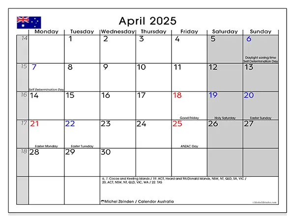 Free printable calendar Australia, April 2025. Week:  Monday to Sunday