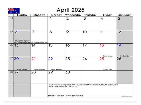 Printable calendar Australia, April 2025