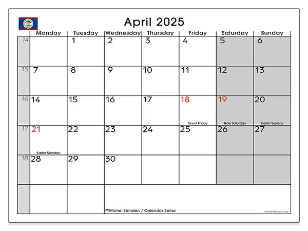 Free printable calendar Belize, April 2025. Week:  Monday to Sunday