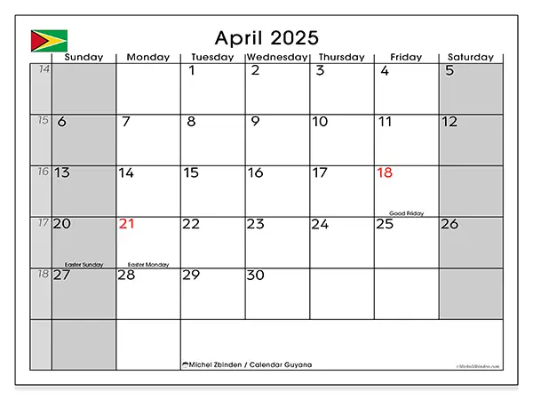 Guyana printable calendar for April 2025. Week: Sunday to Saturday.