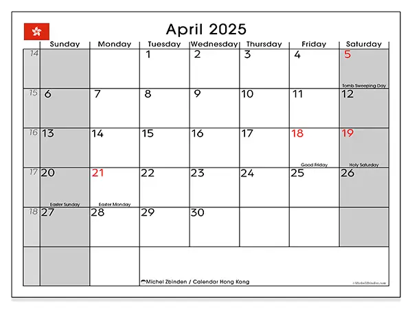 Hong Kong printable calendar for April 2025. Week: Sunday to Saturday.