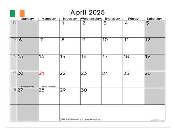 Ireland printable calendar for April 2025. Week: Sunday to Saturday.