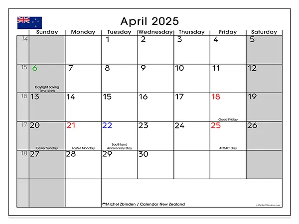 New Zealand printable calendar for April 2025. Week: Sunday to Saturday.