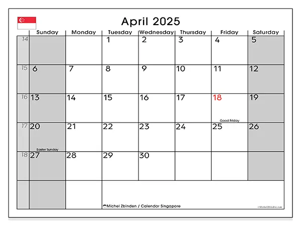Singapore printable calendar for April 2025. Week: Sunday to Saturday.