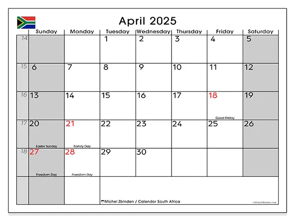 South Africa printable calendar for April 2025. Week: Sunday to Saturday.