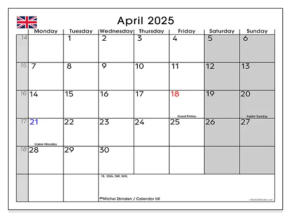 Free printable calendar UK, April 2025. Week:  Monday to Sunday