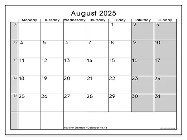 Free printable calendar n° 43, August 2025. Week:  Monday to Sunday