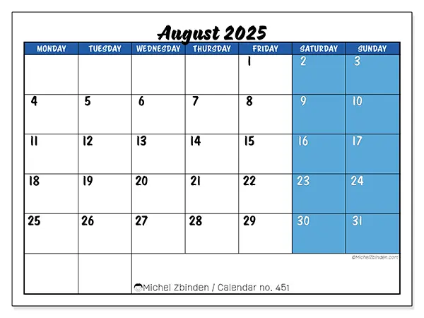 Free printable calendar n° 451, August 2025. Week:  Monday to Sunday