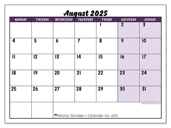 Free printable calendar n° 453, August 2025. Week:  Monday to Sunday