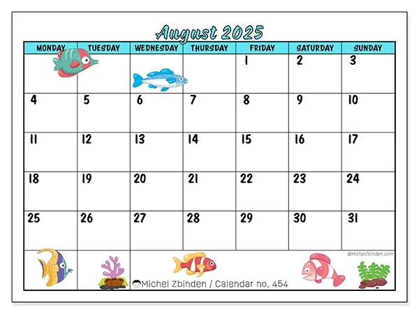 Free printable calendar n° 454, August 2025. Week:  Monday to Sunday