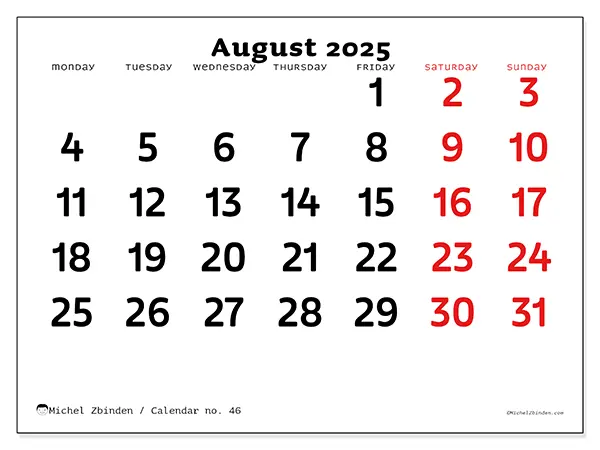 Free printable calendar no. 46, August 2025. Week:  Monday to Sunday