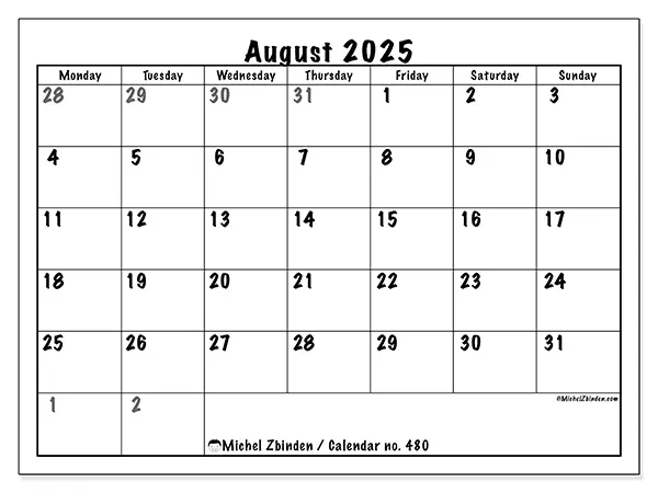 Free printable calendar no. 480, August 2025. Week:  Monday to Sunday