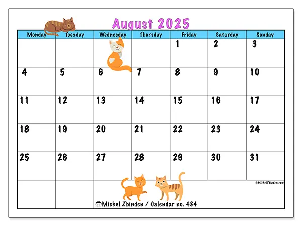 Free printable calendar no. 484, August 2025. Week:  Monday to Sunday