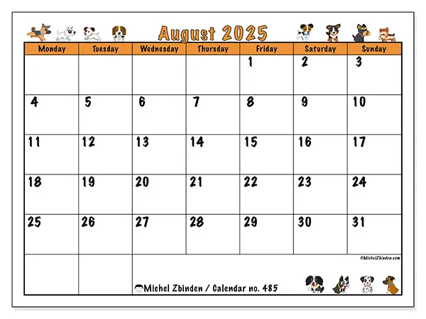 Free printable calendar no. 485, August 2025. Week:  Monday to Sunday