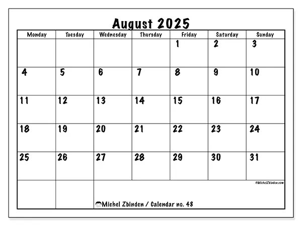Free printable calendar no. 48, August 2025. Week:  Monday to Sunday