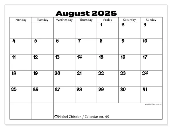 Free printable calendar no. 49, August 2025. Week:  Monday to Sunday