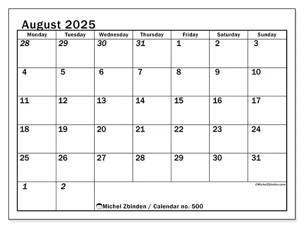 Free printable calendar no. 500, August 2025. Week:  Monday to Sunday