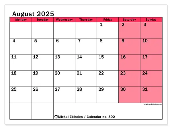 Free printable calendar no. 502, August 2025. Week:  Monday to Sunday
