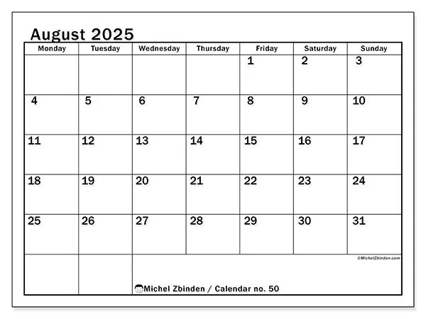 Free printable calendar no. 50, August 2025. Week:  Monday to Sunday