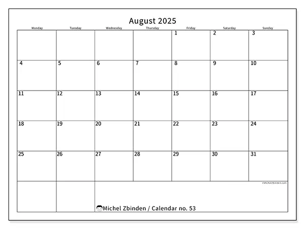 Free printable calendar no. 53, August 2025. Week:  Monday to Sunday