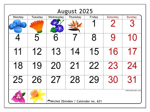 Free printable calendar no. 621, August 2025. Week:  Monday to Sunday