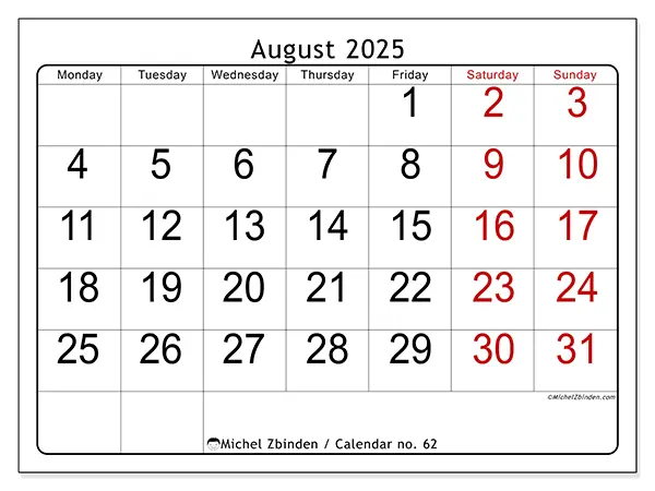 Free printable calendar no. 62, August 2025. Week:  Monday to Sunday