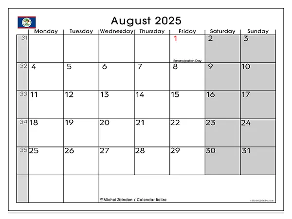 Free printable calendar Belize, August 2025. Week:  Monday to Sunday