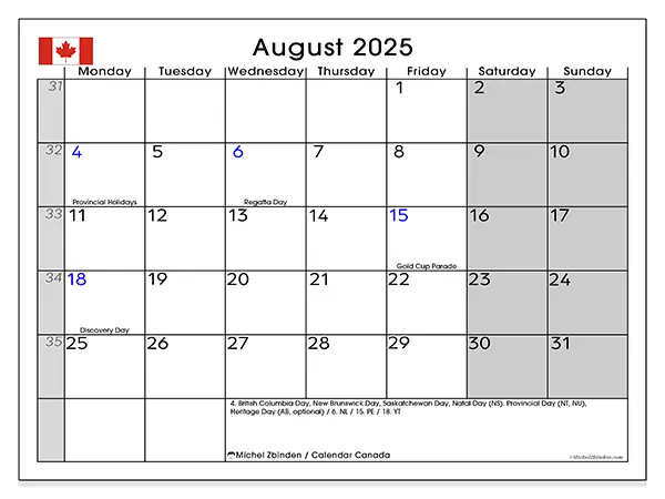 Free printable calendar Canada, August 2025. Week:  Monday to Sunday