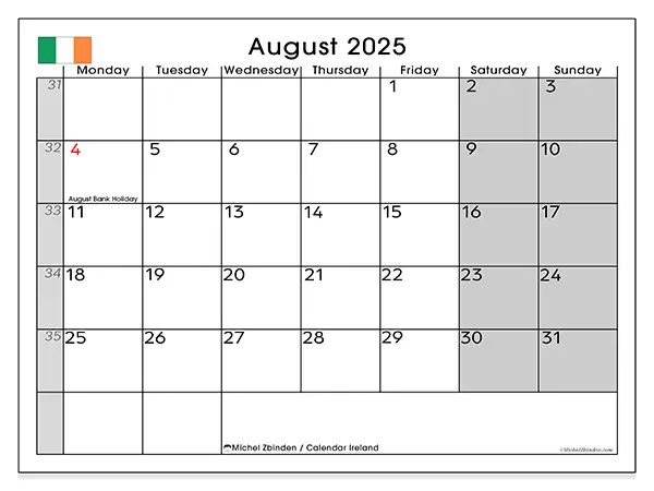 Free printable calendar Ireland, August 2025. Week:  Monday to Sunday