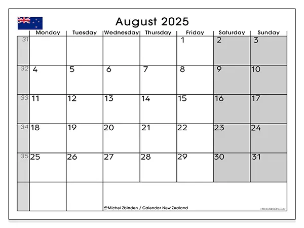 Free printable calendar New Zealand, August 2025. Week:  Monday to Sunday