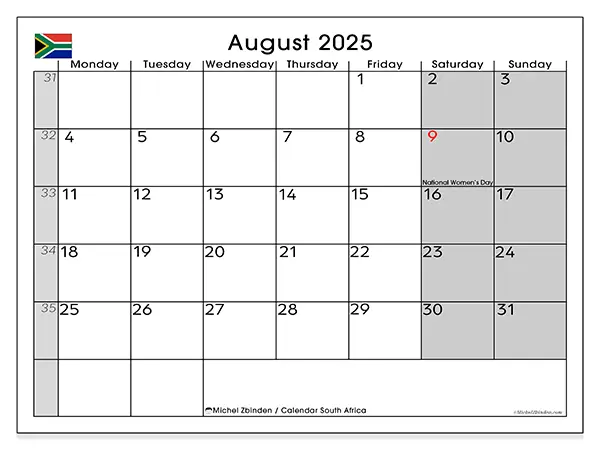 Free printable calendar South Africa, August 2025. Week:  Monday to Sunday
