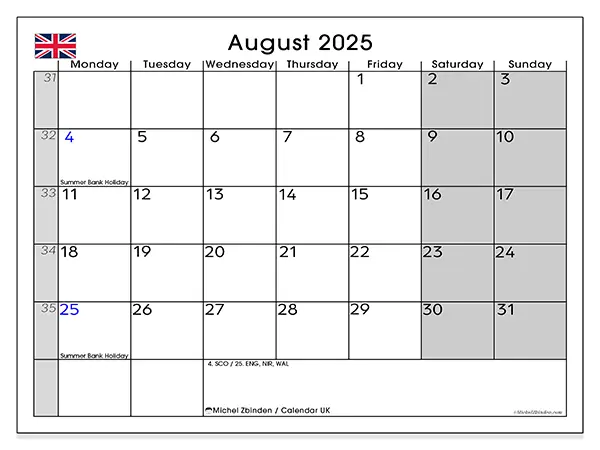 Free printable calendar UK, August 2025. Week:  Monday to Sunday