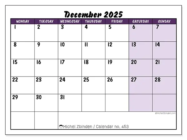 Free printable calendar n° 453, December 2025. Week:  Monday to Sunday