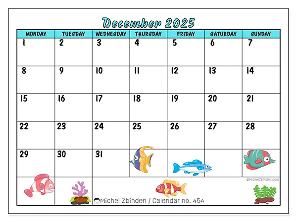 Free printable calendar n° 454, December 2025. Week:  Monday to Sunday