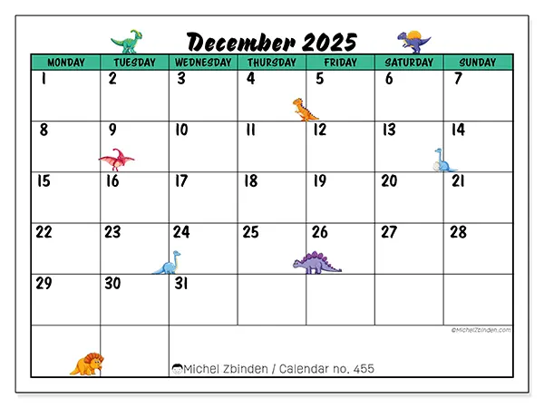 Free printable calendar n° 455, December 2025. Week:  Monday to Sunday