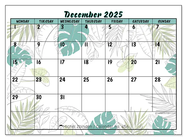 Free printable calendar n° 456, December 2025. Week:  Monday to Sunday
