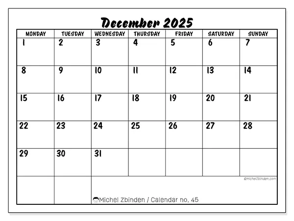 Free printable calendar n° 45, December 2025. Week:  Monday to Sunday