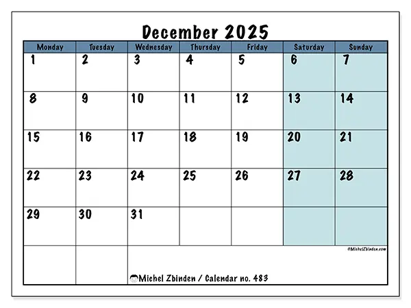 Free printable calendar no. 483, December 2025. Week:  Monday to Sunday