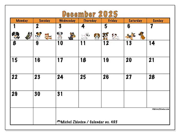 Free printable calendar no. 485, December 2025. Week:  Monday to Sunday