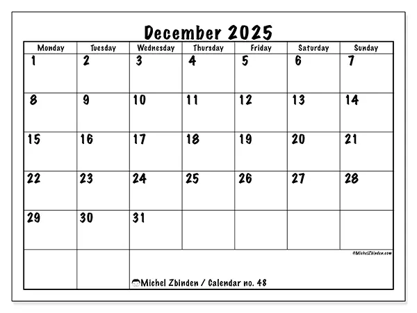 Free printable calendar no. 48, December 2025. Week:  Monday to Sunday