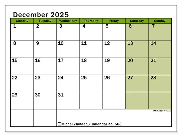 Free printable calendar no. 503, December 2025. Week:  Monday to Sunday
