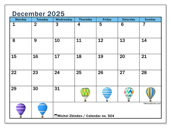 Free printable calendar no. 504, December 2025. Week:  Monday to Sunday