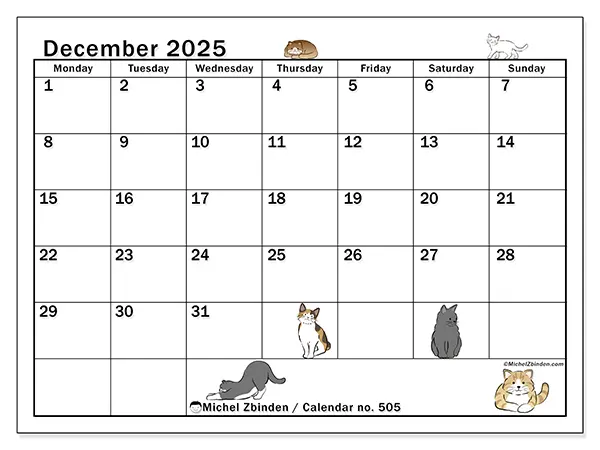 Free printable calendar no. 505, December 2025. Week:  Monday to Sunday