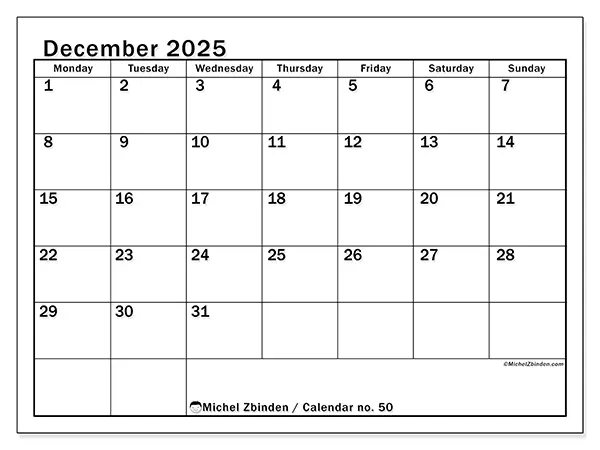 Free printable calendar no. 50, December 2025. Week:  Monday to Sunday