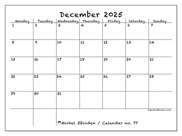 Free printable calendar no. 77, December 2025. Week:  Monday to Sunday