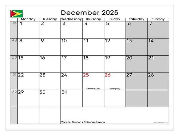Free printable calendar Guyana, December 2025. Week:  Monday to Sunday
